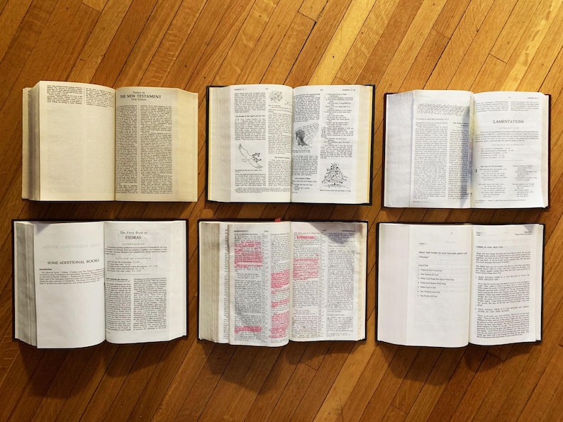 May include: Six open books with brown covers and white pages. The books are arranged in two rows of three. The top row includes books titled "The New Testament" and "Lamentations". The bottom row includes books titled "Some Additional Books" and "The Holy Bible - Ezra".
