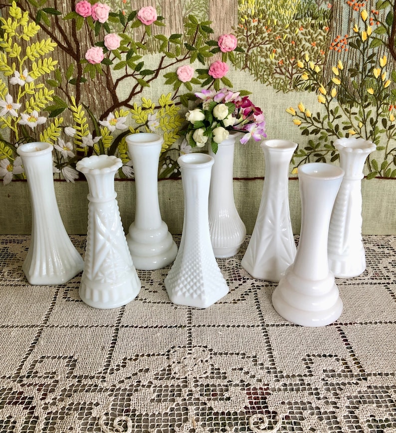 8 Milk Glass Vase Set of Vases for Flowers Vases Milk Glass Bud Vase White Vases Decor Vases Vintage Vases Wedding Vases Centerpiece Vases image 1