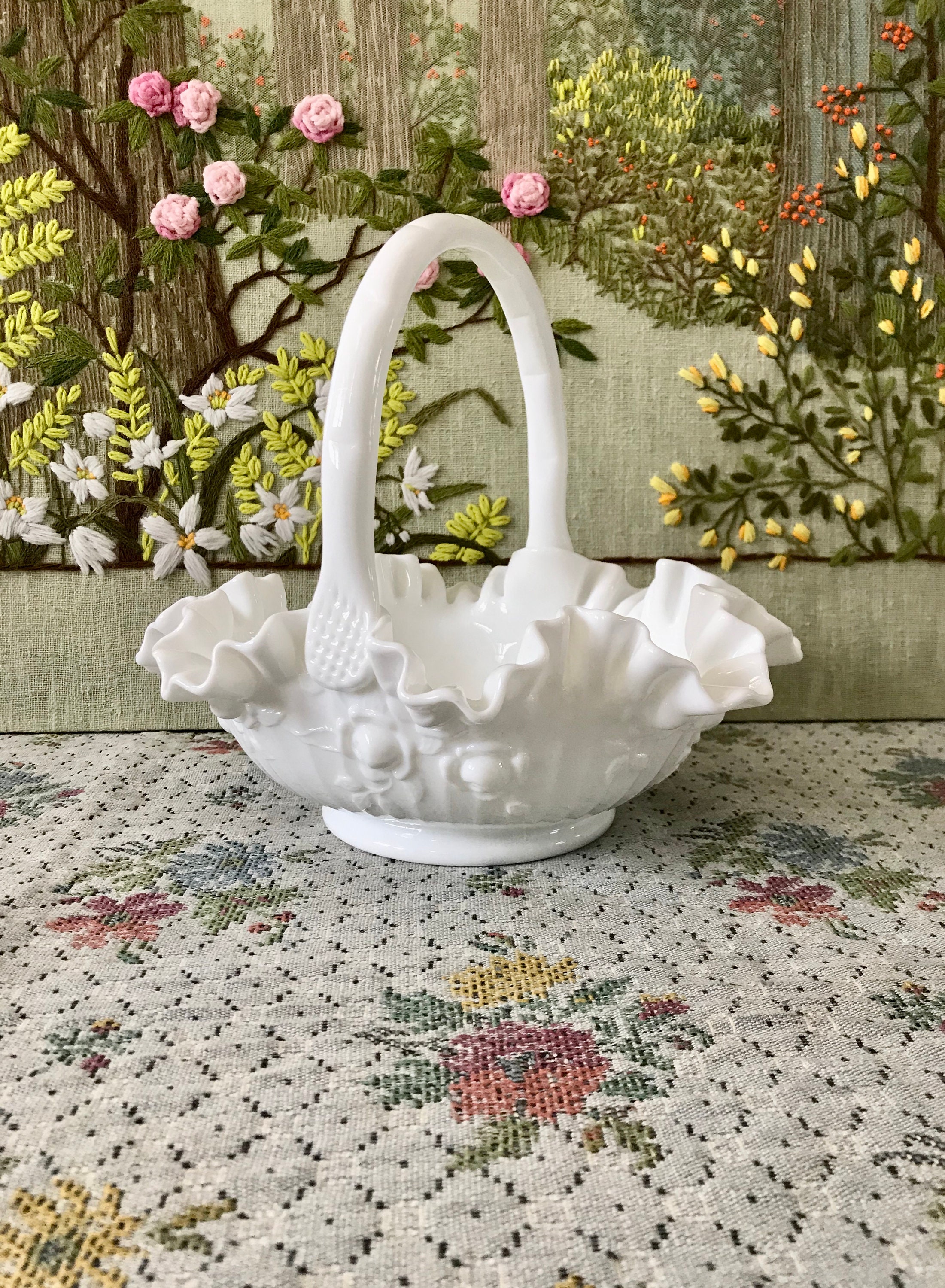 Basket With Handle Milk Glass Bowl Milk Glass Basket White Etsy