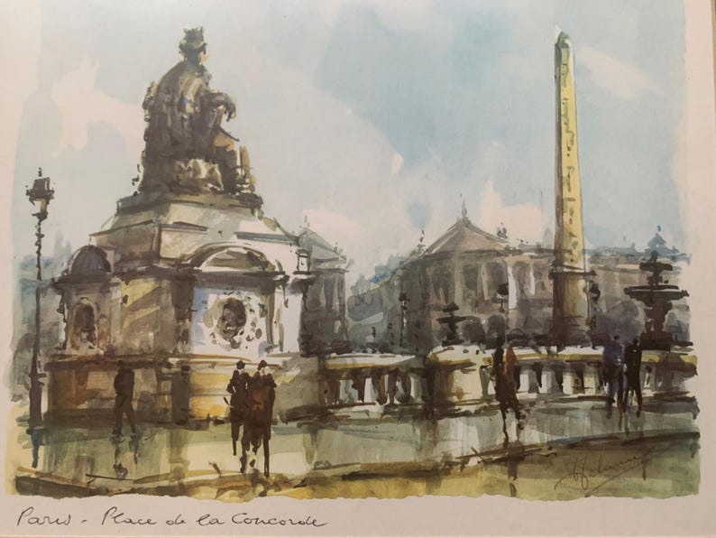 Arte de París Lámina de París Acuarela de París Arte vintage Regalos de París Arte francés Lámina vintage Arte enmarcado Láminas de Francia Place de la Concorde imagen 9