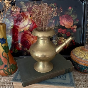 May include: A brass vessel with a wide rim, a rounded body, and a single angled spout, containing a cluster of dried brown stems. The vessel is positioned on top of two stacked hardcover books, one dark green and one light blue.
