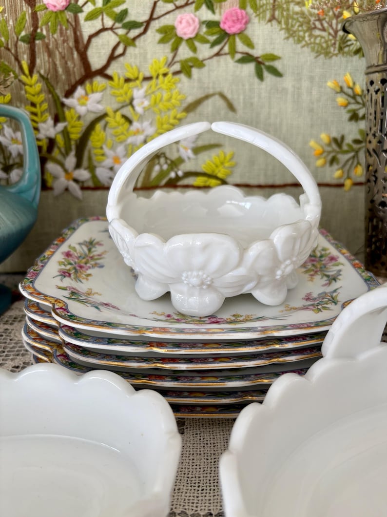 Milk Glass Basket Westmoreland Milk Glass Bowl White Basket Small Basket for Flower Girl Basket Wedding Basket Wedding Decor Baskets White Round Basket