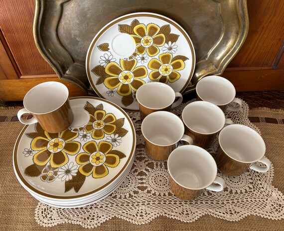 7 Retro Plates and Cup Set Mug and Plate Set of Plates Vintage