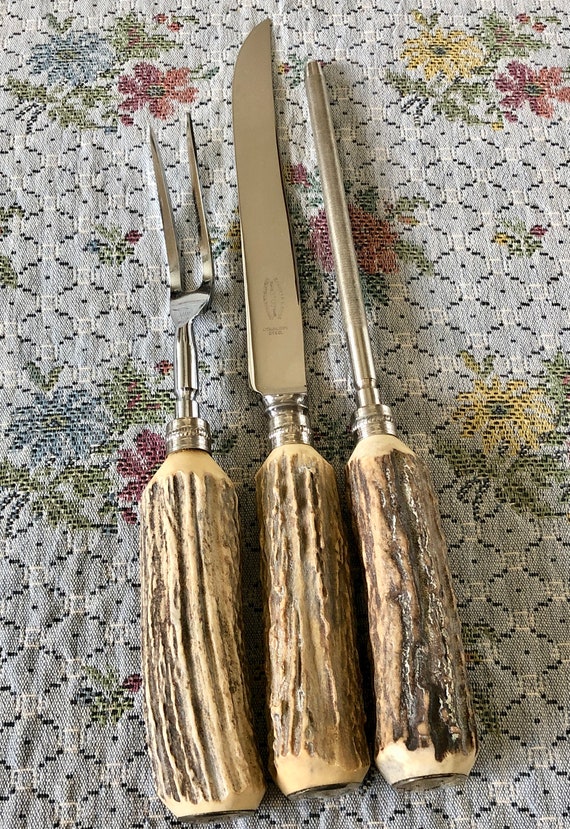 Vintage Forgecraft Set of 2 Carving Knife Meat Fork Stainless Steel Faux  Antlers 