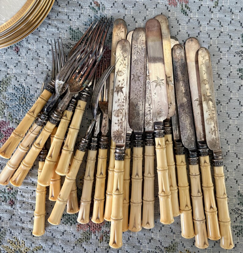 Pode incluir: Uma cole&ccedil;&atilde;o de talheres antigos, incluindo garfos e facas. Os garfos t&ecirc;m cabos em estilo bambu com detalhes prateados. As facas apresentam gravuras florais nas l&acirc;minas. Os talheres est&atilde;o dispostos sobre uma toalha de mesa estampada.