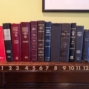 May include: A shelf displaying 12 different versions of the Holy Bible, including the Good News Bible, the New American Bible, and the Holy Bible, New International Version. The Bibles are arranged in a row from left to right, with the numbers 1 through 12 printed on the shelf below them.