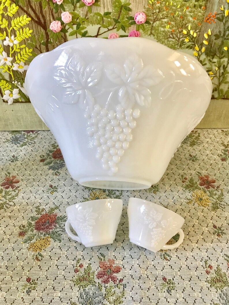 Punch Bowl Set Vintage Milk Glass Bowl Punch Cups White Punch Etsy