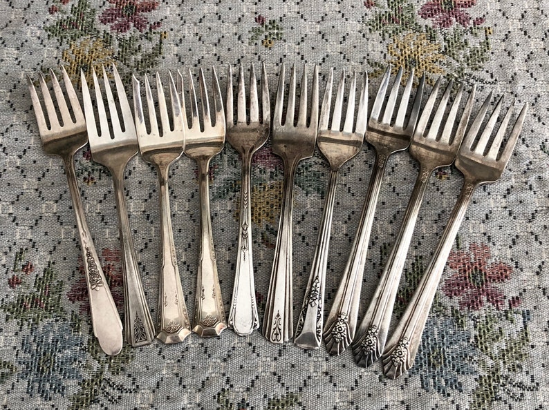 10 Vintage Forks Salad Forks Antique Flatware Vintage Silverware Silverplate Forks Antique Fork Ring Fork Silver Flatware Old Flatware Forks image 2