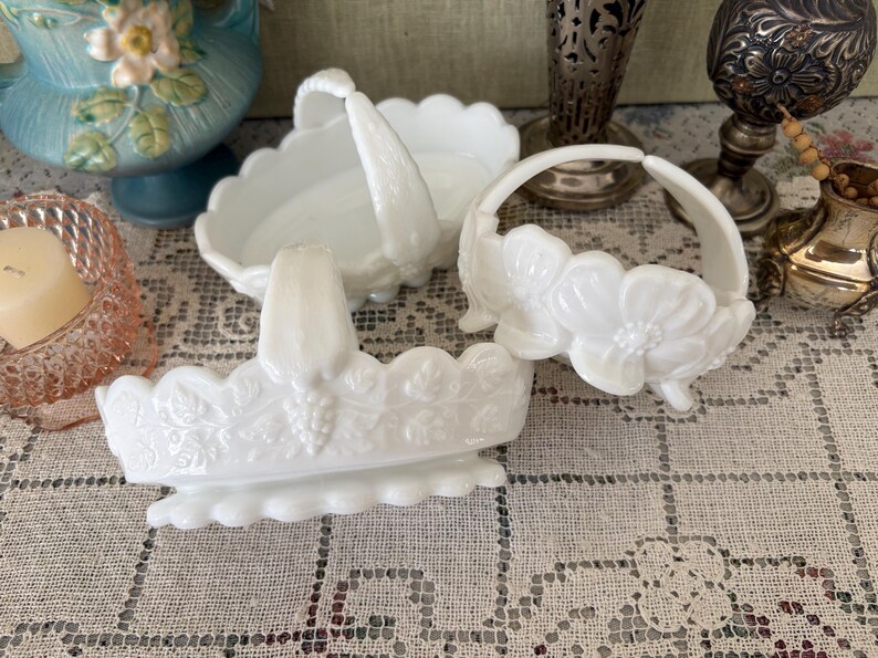 Milk Glass Basket Westmoreland Milk Glass Bowl White Basket Small Basket for Flower Girl Basket Wedding Basket Wedding Decor Baskets White image 4