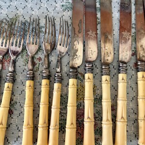 Pode incluir: Uma cole&ccedil;&atilde;o de talheres antigos, incluindo garfos e facas. Os garfos t&ecirc;m dentes prateados e cabos em estilo bambu. As facas t&ecirc;m l&acirc;minas gravadas e cabos a condizer em estilo bambu. Os talheres est&atilde;o dispostos sobre uma toalha de mesa com padr&atilde;o floral.