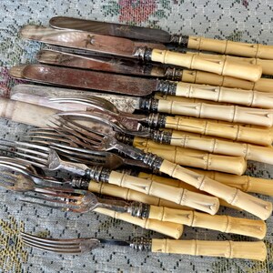 Pode incluir: Uma cole&ccedil;&atilde;o de talheres antigos, incluindo facas e garfos. As facas t&ecirc;m l&acirc;minas prateadas e cabos em estilo bambu. Os garfos s&atilde;o prateados. Os talheres est&atilde;o dispostos sobre uma toalha de mesa com padr&atilde;o floral.