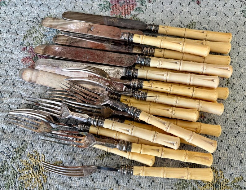 Pode incluir: Uma cole&ccedil;&atilde;o de talheres antigos, incluindo facas e garfos. As facas t&ecirc;m l&acirc;minas prateadas e cabos em estilo bambu. Os garfos s&atilde;o prateados. Os talheres est&atilde;o dispostos sobre uma toalha de mesa com padr&atilde;o floral.