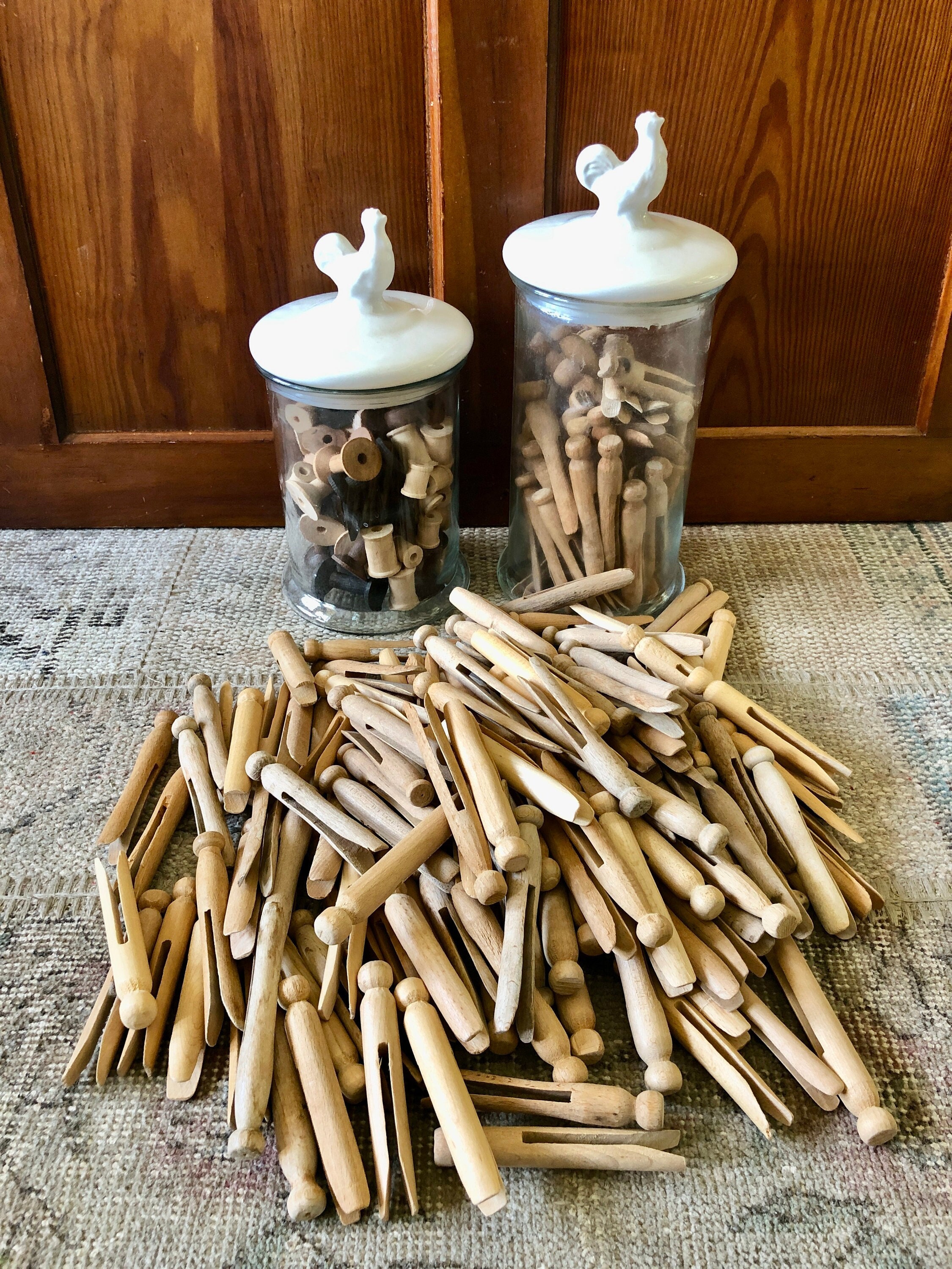 Vintage Lot of 37 Wooden Clothes Pins Rounded w/ Orange Paint