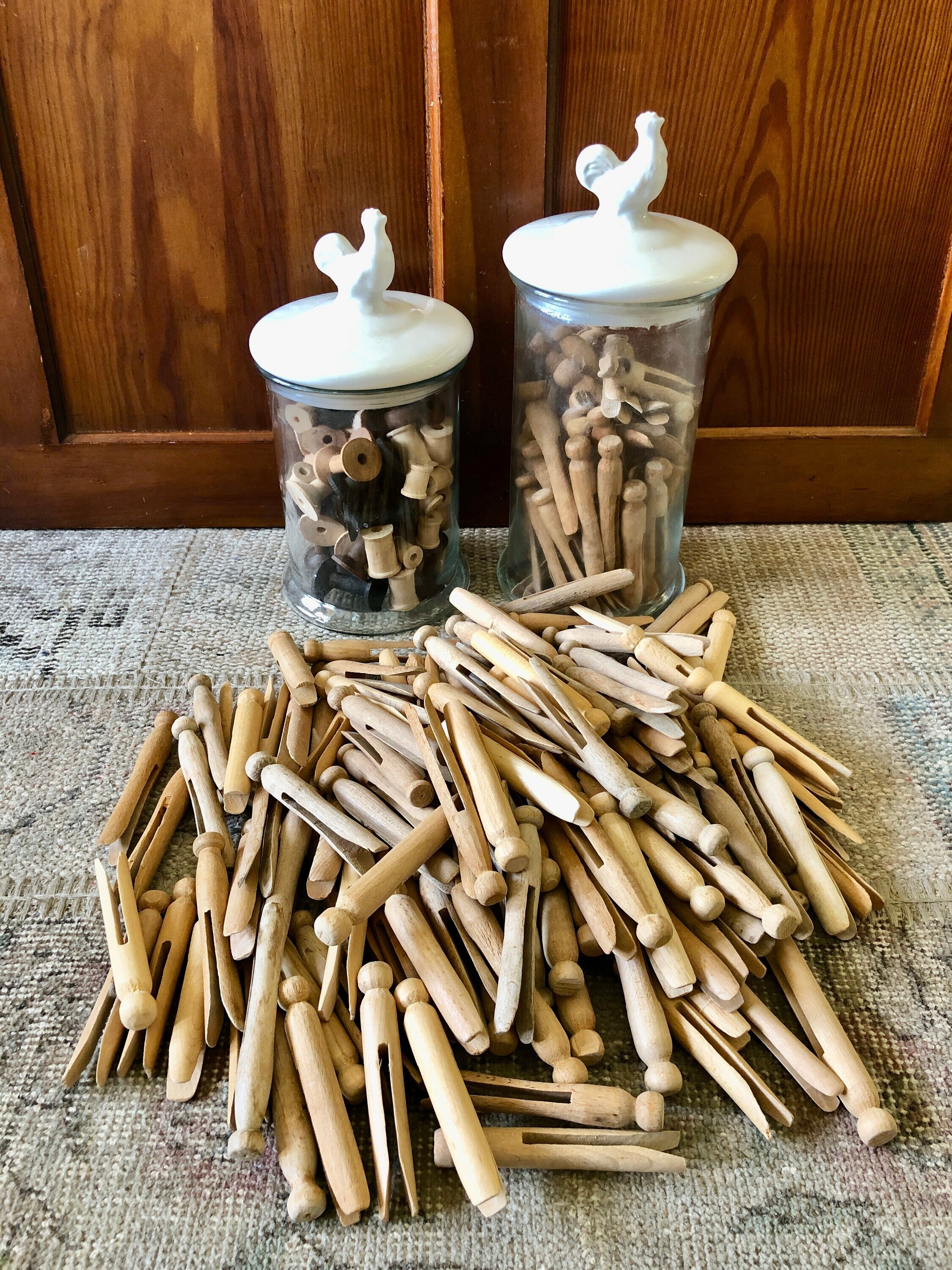 Vintage Lot of 37 Wooden Clothes Pins Rounded w/ Orange Paint