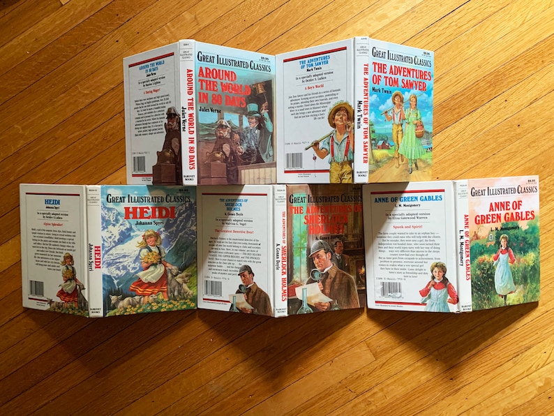 May include: A collection of eight classic children's books with colorful covers featuring illustrations of characters from the stories. The titles include "Around the World in 80 Days", "The Adventures of Tom Sawyer", "Heidi", "Anne of Green Gables", and "The Adventures of Sherlock Holmes".