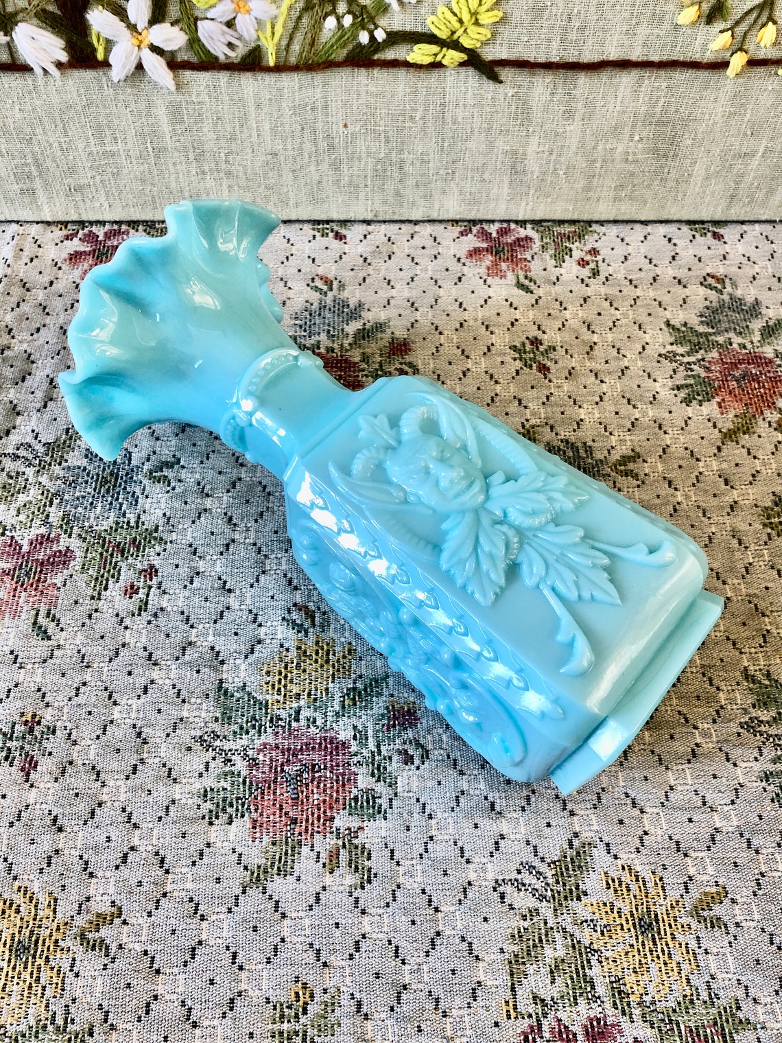 Vintage Vase Blue Milk Glass Turquoise Milk Glass Vase Etsy