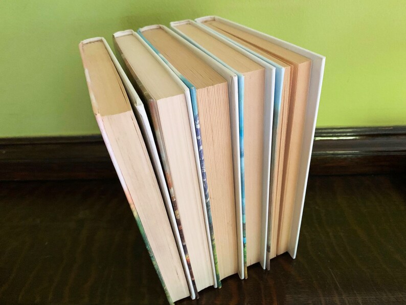 May include: A stack of six paperback books with white covers and colorful spines. The books are arranged vertically with the spines facing out.