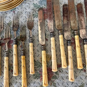 Pode incluir: Conjunto de talheres antigos com garfos e facas com cabos em estilo bambu. As l&acirc;minas das facas mostram sinais de desgaste. Os talheres est&atilde;o dispostos sobre uma toalha de mesa com padr&atilde;o floral.