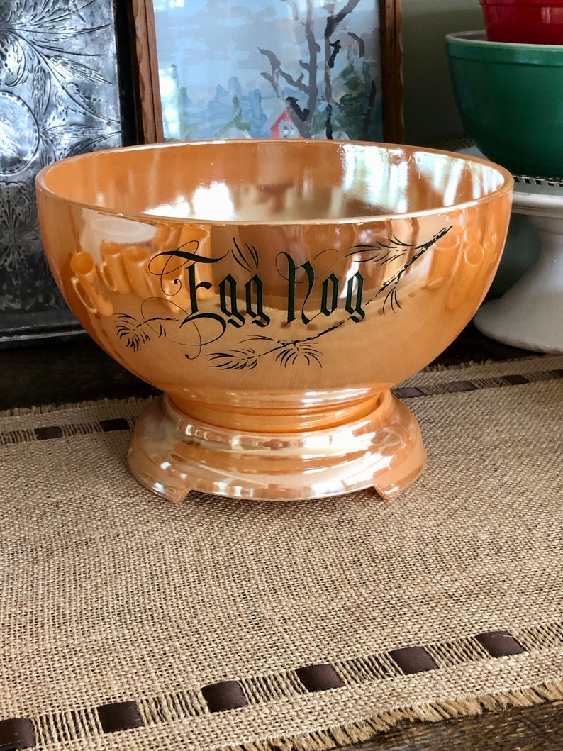 Egg Nog Punch Bowl Set Peach Lusterware Peach Luster Fire King Etsy