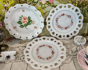 Milk Glass Plates Vintage Plates White Plates Dessert Plates Antique Plates Floral Plates to Hang Wall Plates Decorative Plates Decor Plates