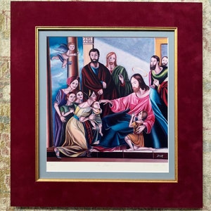 May include: A framed painting depicting Jesus surrounded by children. The painting is done in a colorful style with a blue background and features a halo above Jesus' head. The text "DOR" is visible in the bottom right corner of the painting.