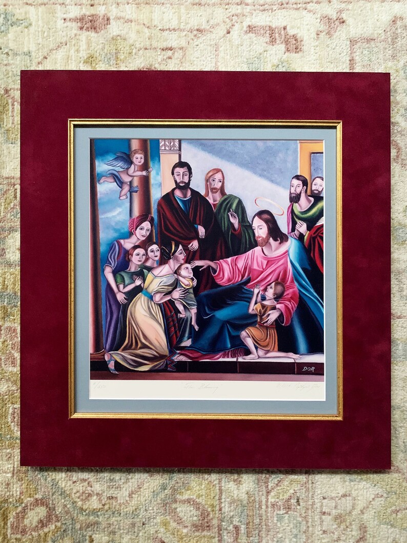 May include: A framed painting depicting Jesus surrounded by children. The painting is done in a colorful style with a blue background and features a halo above Jesus' head. The text "DOR" is visible in the bottom right corner of the painting.