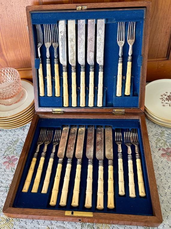 22 Antique Silverware Set Vintage Flatware Celluloid Silverware Bone Handle Fork and Knife Flatware Silverplate Flatware Engraved Silverware
