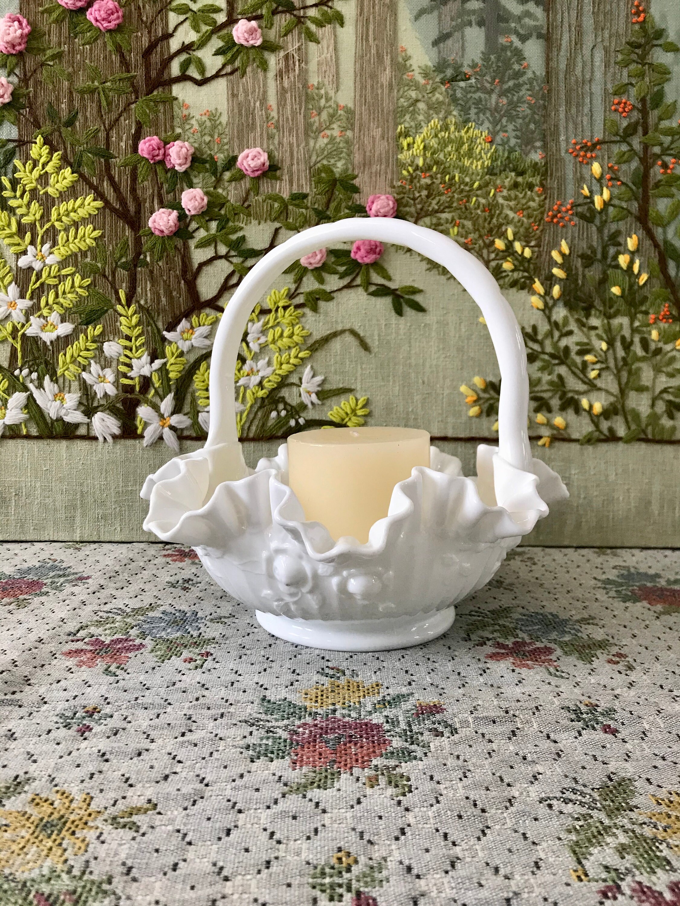 Basket With Handle Milk Glass Bowl Milk Glass Basket White Etsy