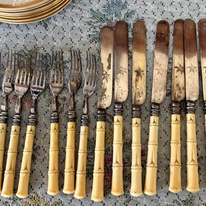 Pode incluir: Uma cole&ccedil;&atilde;o de talheres antigos, incluindo garfos e facas. Os garfos e facas t&ecirc;m cabos de cor clara com um design de bambu. As l&acirc;minas das facas t&ecirc;m um design decorativo. Os talheres est&atilde;o dispostos sobre uma toalha de mesa com padr&atilde;o floral.