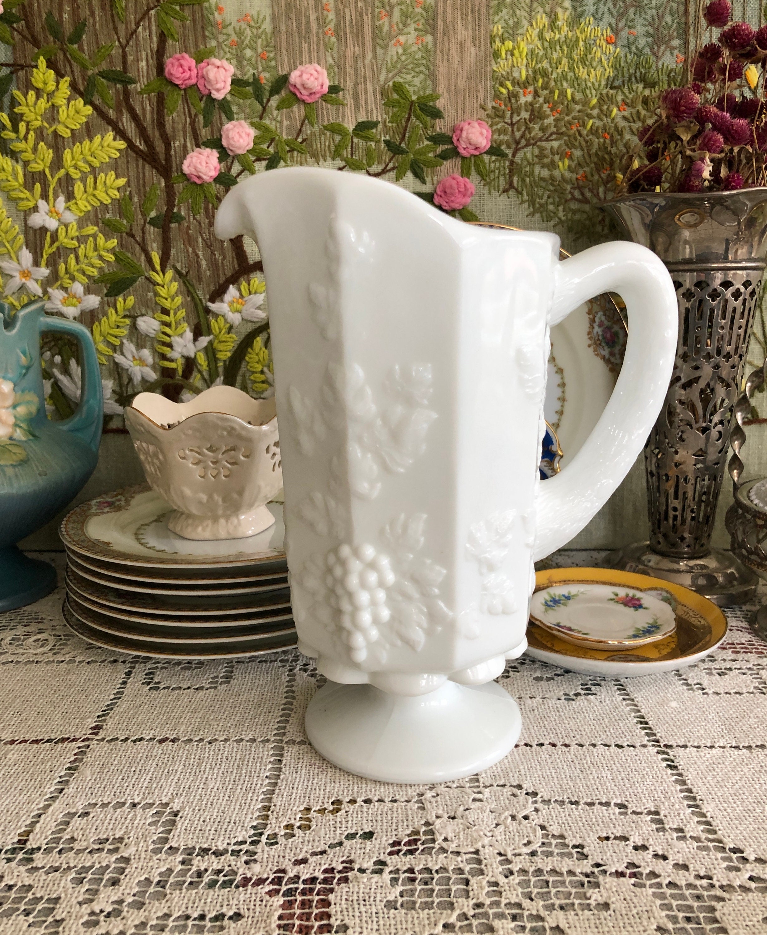 Milk Glass Pitcher Vintage Pitcher White Pitcher Water Pitcher