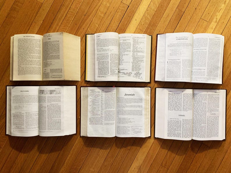 May include: Six open books with brown covers and white pages. The books are arranged in two rows of three. The books are titled "The Holy Bible", "I. Kings", "Jeremiah", and "Ezekiel".
