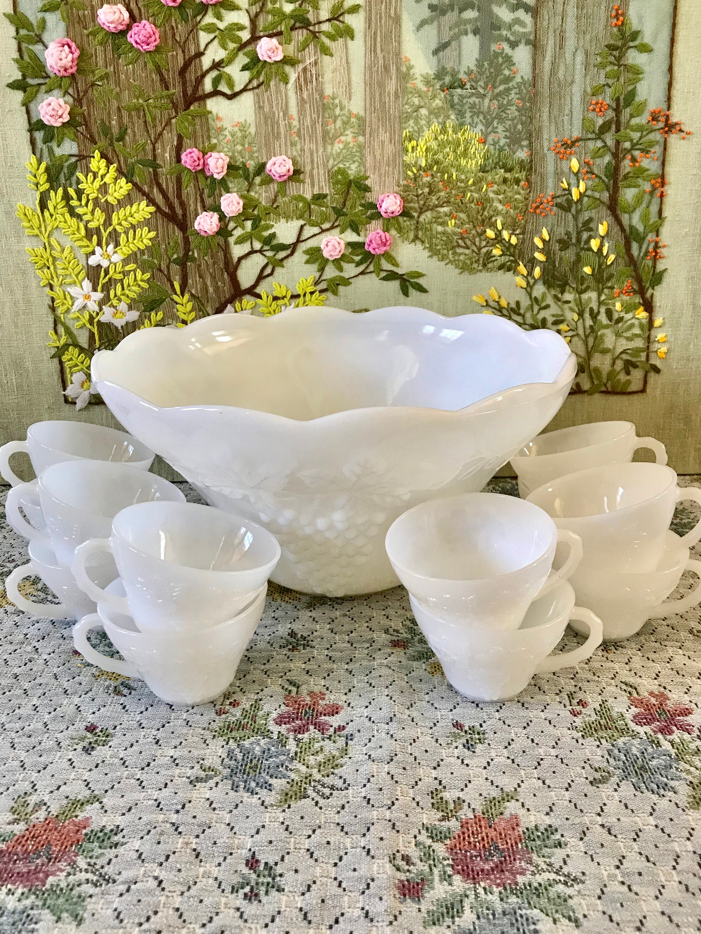 Punch Bowl Set Vintage Milk Glass Bowl Punch Cups White Punch Etsy