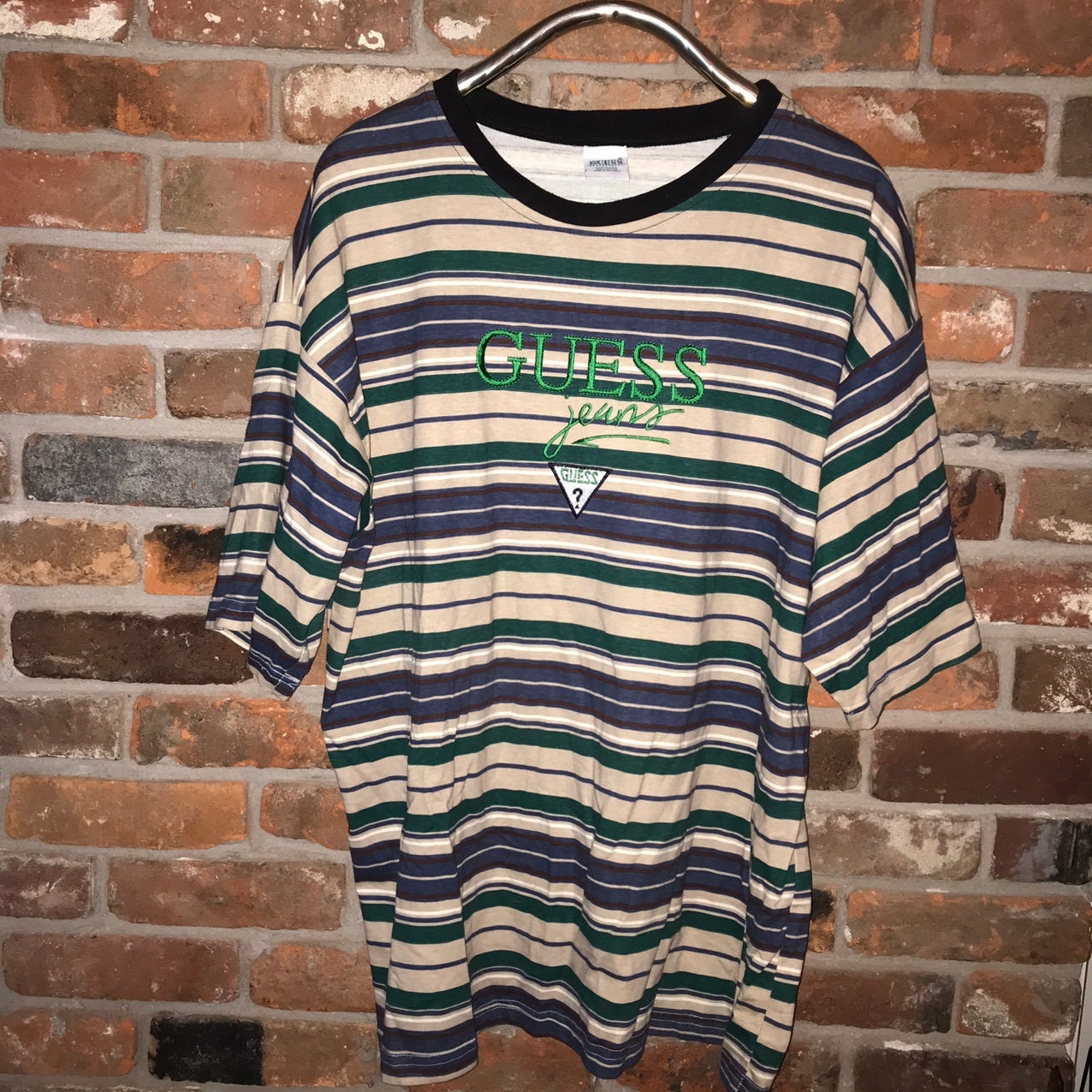 T-Shirt GUESS Homme Medium Vert | Manches Courtes Col Ras-du-Cou | Rayé Coton