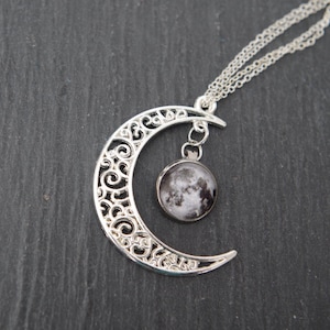 Silver Crescent Moon Necklace: Galaxy Nebula Pendant, Science Jewelry