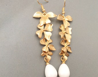 Gold Orchid Dangle Earrings: Bridal Wedding Jewelry