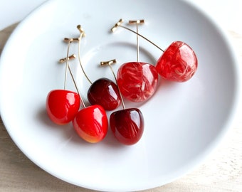 Cherry Drop Earrings , Summer Fruit Jewelry ,Food Statement earrings Christmas gift   for her