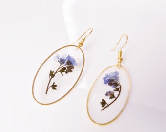 Blue Forget Me Not Flower Earrings , Real Pressed Flower in resin Jewelry , Long dangle earrings , Christmas Gifts for Mothers