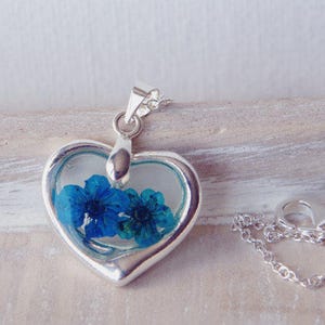 Silver heart wish blue flower necklace Real dried flowers in resin nature pendant love necklace for women gift for mom image 10