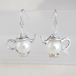 Teapot earrings silver drop earrings colorful earrings pearls jewelry tea earrings  tea party teapot jewelry Mother's day gift women grandma