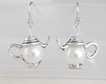 Teapot earrings silver drop earrings colorful earrings pearls jewelry tea earrings  tea party teapot jewelry Mother&#39;s day gift women grandma