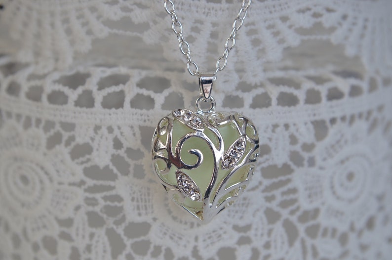 Blue Glowing Necklace Silver Necklace Heart Pendants Glow - Etsy