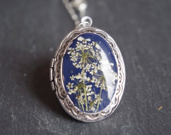 Real Flower Locket for Women Nature Flowers Necklace Blue Photo Locket Anniversary gift for her Mothers day Gift for Grandmother Victorian