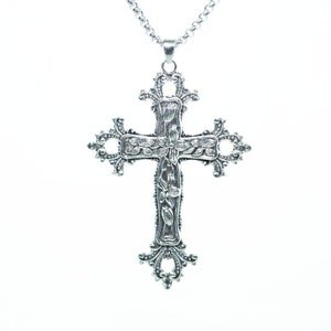 Gothic large cross necklace Religious jewelry Detailed floral cross pendant Big cross layer necklace long 24 &quot;  Jesus  crucifix Religious