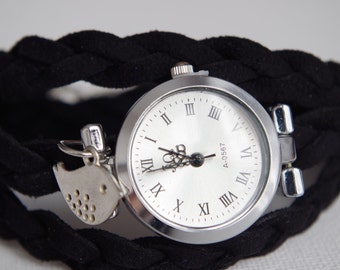 Montre-bracelet femme noir Wrap montre femmes adolescents poignet tatouage couverture oiseau charme montre-bracelet argent oiseau Bracelet montre pour sa mode