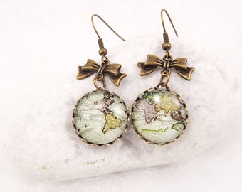 Antique Map Earrings World Map Earrings Vintage World Map Jewelry Globe Earrings Traveler Continents  Retro Earrings Valentines Gift for her