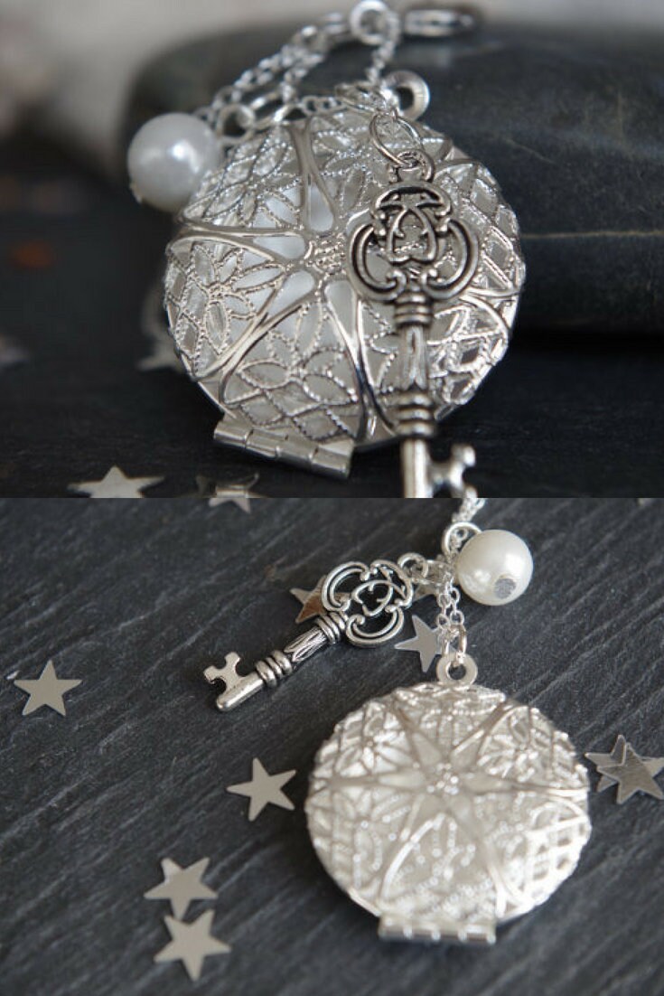 Locket Necklace Key Locket Pearl Locket Pendant Silver Locket Etsy