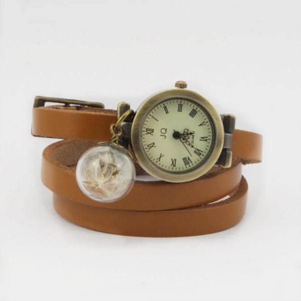 Montre poignet en cuir naturel longue bande montre Bracelet montre vintage montre charme véritable pissenlit Bracelet cadeau d'anniversaire pour les femmes