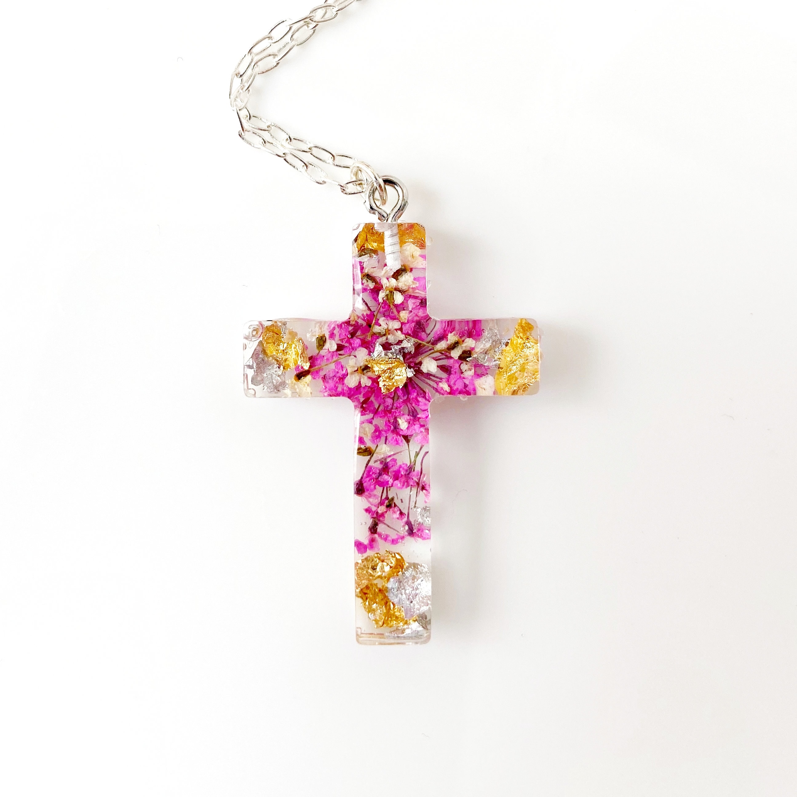 Cross Necklace Gold Cross With Flowers in Resin Jewelry Сross Etsy UK