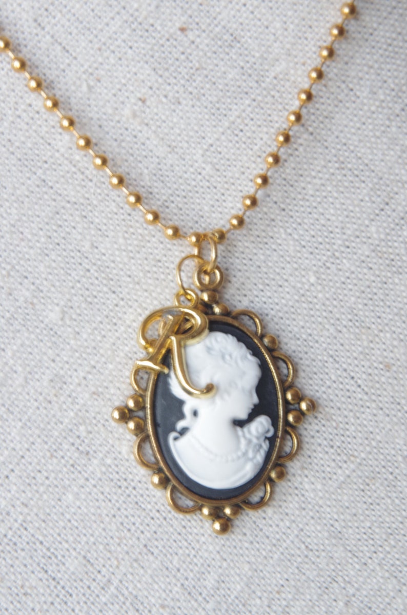 Personalized woman cameo necklace Gold initial pendants Victorian cameo jewelry Initial necklace image 4