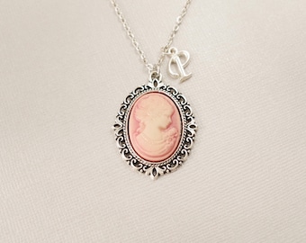 Pink cameo necklace Silver letter jewelry Personalized jewelry Lady cameo Pendant Christmas gift for her Vintage style letter Jewelry